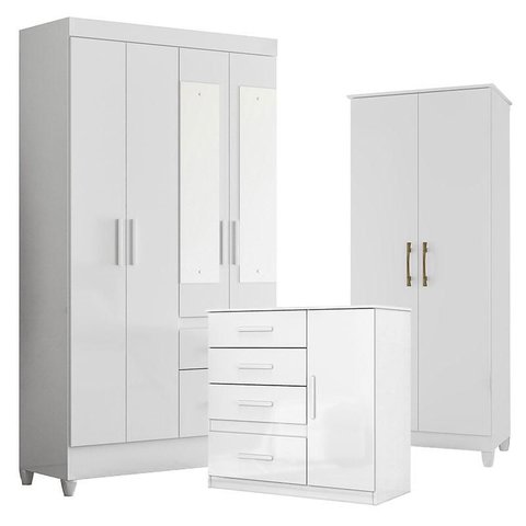 Guarda Roupa com Espelho Infantil Madri com Cômoda Vênus e Armário Multiuso Jade Branco Brilho – Mov
