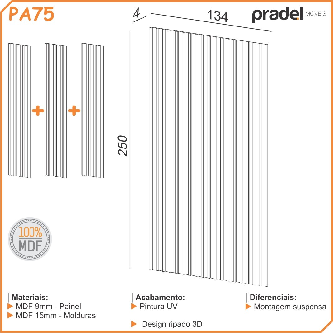 Painel Ripado em Barra 250x134cm Mdf Dalla Costa - 3