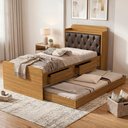 Ver imagem 2 de Bicama Solteiro Capitone 220x98 Cm com Bau e Cama Auxiliar Mdf Nature Nogal Decmade