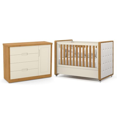 Jogo de Quarto Infantil Tutto New Cômoda 1 Porta e Berço Off White/freijó com Capitonê - Matic M
