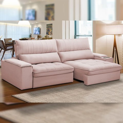 Sofá Retrátil Reclinável para Sala de Estar Living 280cm Nápoles F04 Veludo Rosê - Lyam Decor