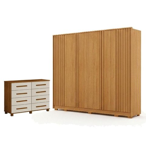 Guarda Roupa Casal Evo 6 Portas Cinamomo com Cômoda San Marino 8 Gavetas Cinamomo Off-white – Leifer