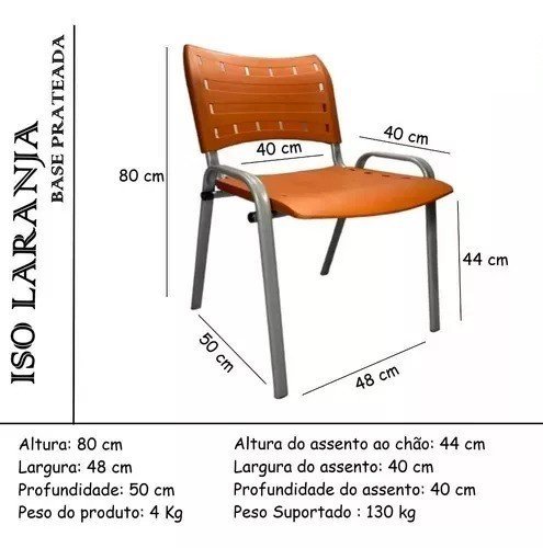 Kit Com 6 Cadeiras Iso Para Escola Escritório Comércio Laranja Base Prata - 3