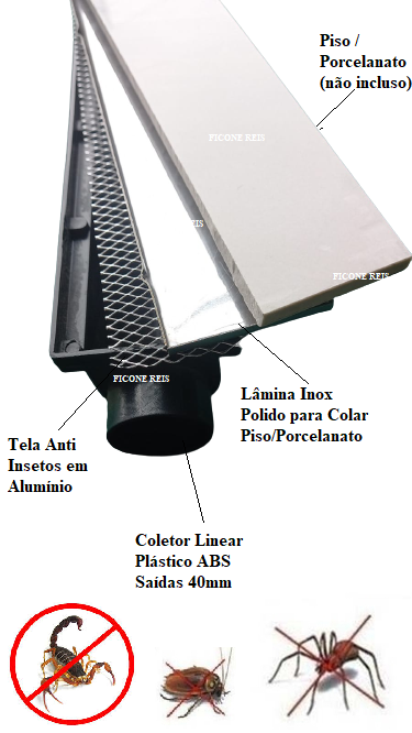 Ralo Linear Invisível 6x50 modelo Cola Piso Porcelanato com Tela Anti Insetos e Coletor Preto - Fico - 1