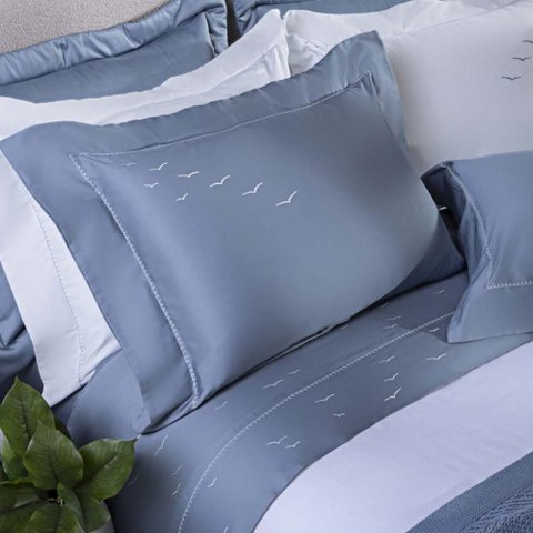 Jogo de Cama Queen 300 Fios Bordado Gaivota - Casa k Azul/Branco