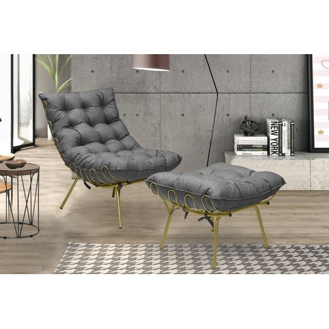 Poltrona Decorativa Costela com Puff Adão Dourado Grafite