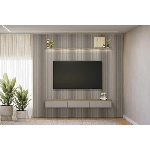 Home P/ Tv até 100 Pol Modular 3.0 Ripado C/ 3 Porta. 1 Prat. 2,97x2,50cm Tauari/gris Fosco - Linea