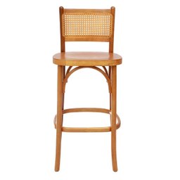 Banqueta Pamela Madeira Maciça Verniz Encosto Rattan Natural - 2