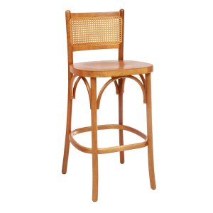 Banqueta Pamela Madeira Maciça Verniz Encosto Rattan Natural