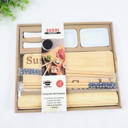 Kit Comida Japonesa 8pç Sushi Bambu Cerâmica Esteira Hashi - 4