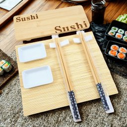 Kit Comida Japonesa 8pç Sushi Bambu Cerâmica Esteira Hashi - 2