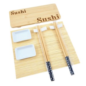 Kit Comida Japonesa 8pç Sushi Bambu Cerâmica Esteira Hashi