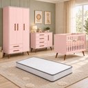 Ver imagem 1 de Quarto de Bebê Completo Q Encanto Retrô com Berço Mini Cama Guarda Roupa Cômoda e Colchão Movellu
