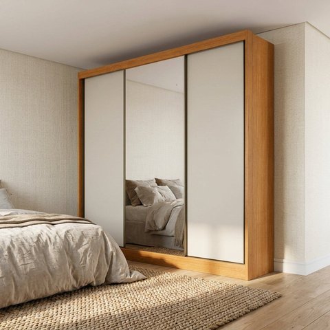 Guarda-Roupa Casal 3 Portas de Correr e 6 Gavetas com Espelho 100% MDF Cinamomo Fendi Linha Soberano