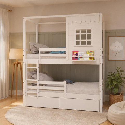 Beliche Infantil Casinha Reta com 02 Gavetas e Grade Removível Madeira Maciça Branco Megamobilia