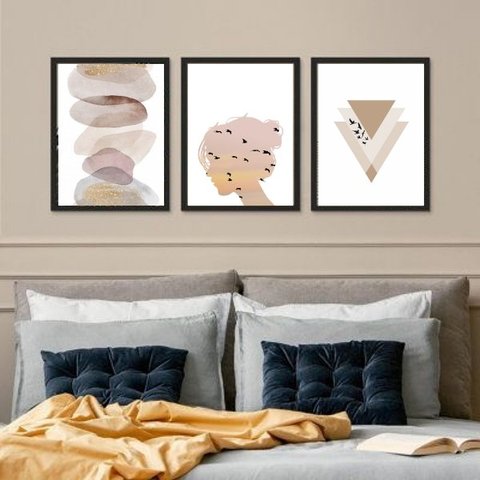 Kit 3 Quadros Clarinhos Suave para Quarto 24x18cm - com Vidro:madeira Branca