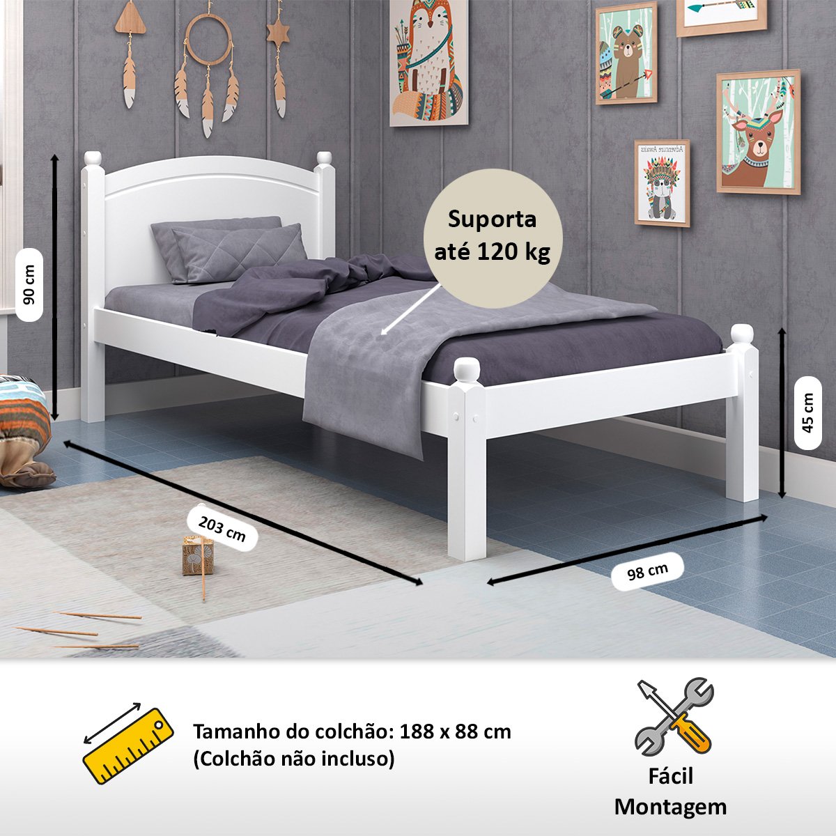 Cama Solteiro de Madeira Maciça e Mdf Paris Totalità - 2