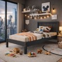 Ver imagem 2 de Cama de Solteiro 100% Madeira Maciça Pinus com Cabeceira Charcoal