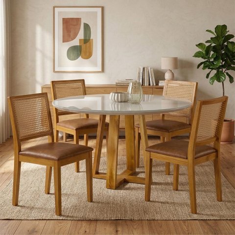 Conjunto Sala de Jantar Natalle 4 Lugares Mesa Redonda 1,0m e 4 Cadeiras Madeira Maciça Courissimo m