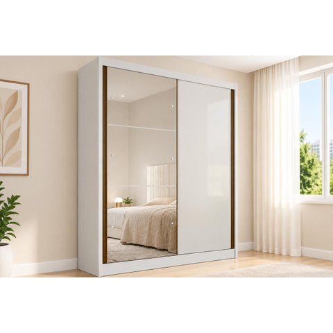 Guarda Roupa Solteiro com Espelho 100% MDF 2 Portas de Correr 3 Gavetas 162cm Thor Plus Branco - N