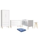 Ver imagem 1 de Dormitório Theo Retrô 2 Portas, Cômoda 1 Porta, Berço, Mesa de Apoio Branco Fosco com Pés Madeira Na