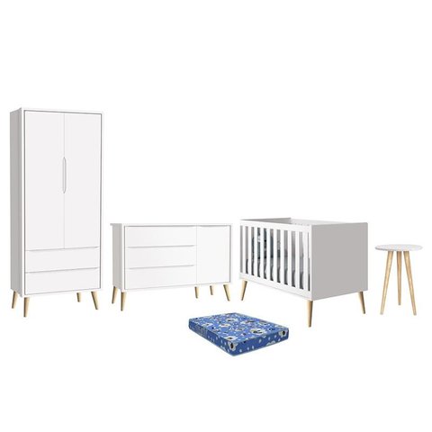 Dormitório Theo Retrô 2 Portas, Cômoda 1 Porta, Berço, Mesa de Apoio Branco Fosco com Pés Madeira Na