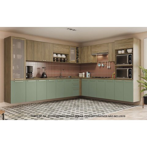 Armário de Cozinha Modulada Completa de Canto 18 Peças 3,49x2,88m Botanic Kappesberg