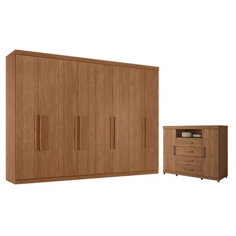Guarda Roupa Casal 8 Portas 4 Gavetas Master New e Cômoda Havana Master com Rodizio Jatobá