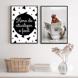 Kit 2 Quadros Engraçados Banheiro - Galo 33x24cm - com Vidro:madeira Branca - 1