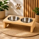 Ver imagem 3 de Comedouro Elevado PET Duplo Bebedouro Madeira Inox Suporte Duas Tigelas Cao Gato Cachorro Luxo