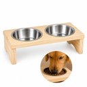 Ver imagem 1 de Comedouro Elevado PET Duplo Bebedouro Madeira Inox Suporte Duas Tigelas Cao Gato Cachorro Luxo