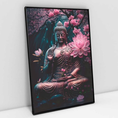 Quadro Decorativo Buda e As Flores em Tela Canvas Tacolado Moldura Flutuante 4,5cm Preta 80 X 120cm