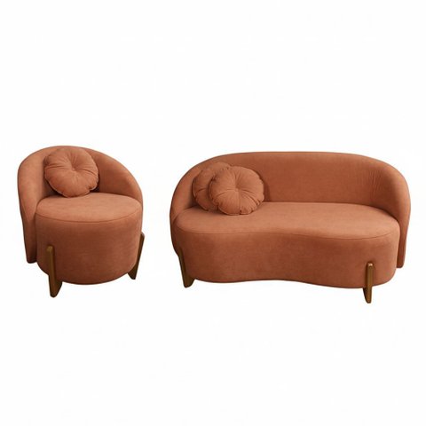 Conjunto 01 Poltrona + Sofá Curvo Orgânico Amsterdã Bouclê Terracota - Montanari's Decor