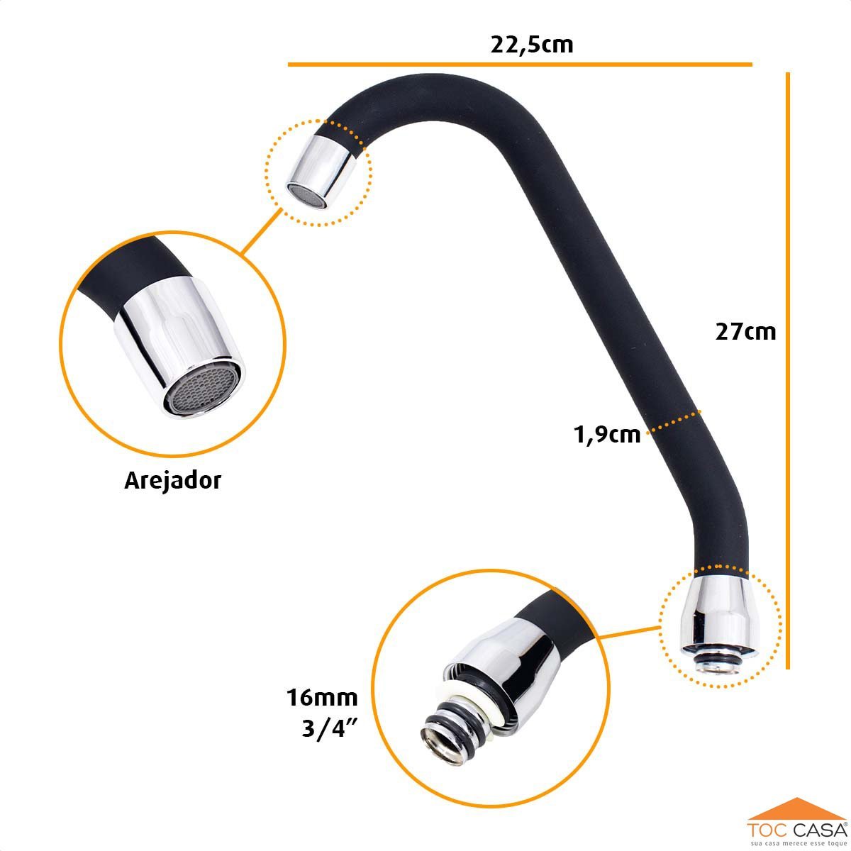 Tubo J Silicone Preto Arejador Fixo Latão Cromado - 3