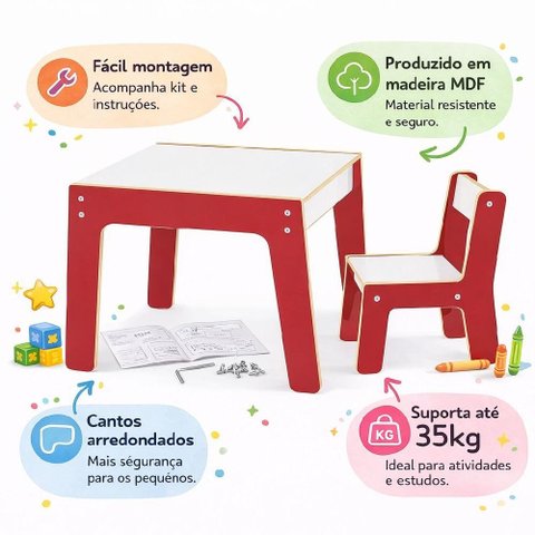 Kit Mesinha Infantil de Madeira com Cadeira, Conjunto para Estudo e Atividades Educativas
