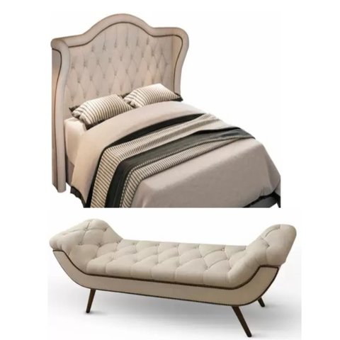 Kit Cabeceira para Cama King 195 cm Monaco e Recamier Veneza com Tachas - Linho Bege