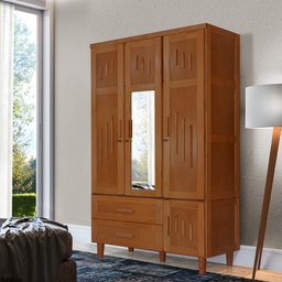 Guarda Roupa em Madeira Maciça 3 Portas 1 Porta com Espelho Imperatriz Castanho - 1