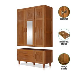 Guarda Roupa em Madeira Maciça 3 Portas 1 Porta com Espelho Imperatriz Castanho - 2