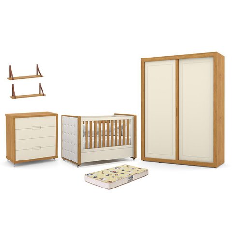 Dormitório Tutto 2 Portas, Cômoda, Berço Off White/freijó com Capitonê, Colchão Supreme e