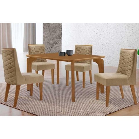 Sala de Jantar Completa Londrina C/ Tampo Madeirado Canto Curvo 120x80cm e 4 Cadeiras Dafne Naturale