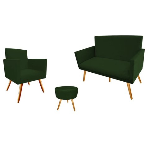 Kit Namoradeira + 1 Poltrona Decorativa Nina + Puff Redondo Suede Verde Pés Madeira Mz Decor