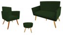 Ver imagem 1 de Kit Namoradeira + 1 Poltrona Decorativa Nina + Puff Redondo Suede Verde Pés Madeira Mz Decor