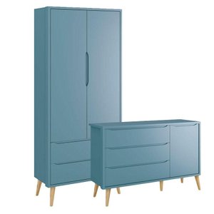 Cômoda Infantil 1 Porta e Guarda Roupa 2 Portas Theo Azul com Pés Madeira Natural – Reller