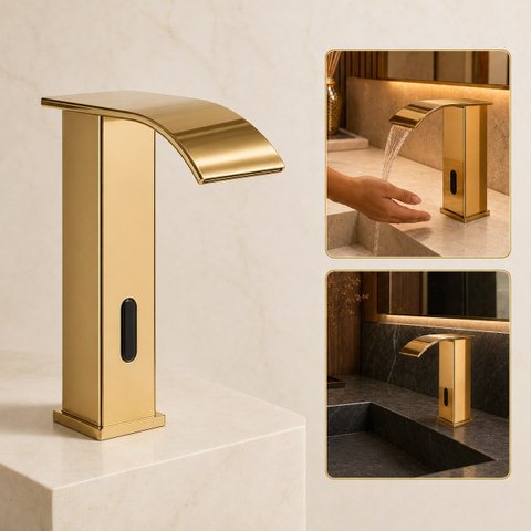Torneira de Banheiro Sensor Automático New York Dourada Aço Inox Goldenx