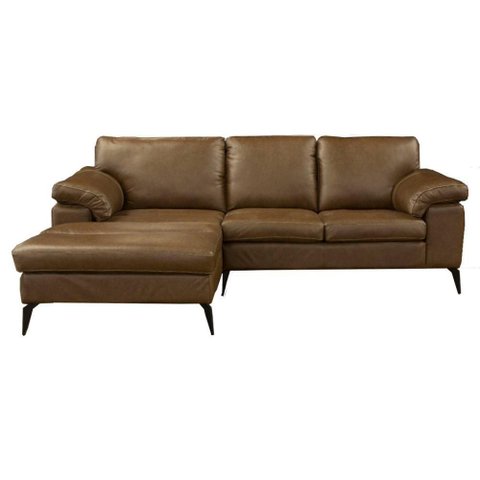 Sofá com Chaise Maitê 3 Lugares Fixo 272cm Marrom Couro Sallar Home