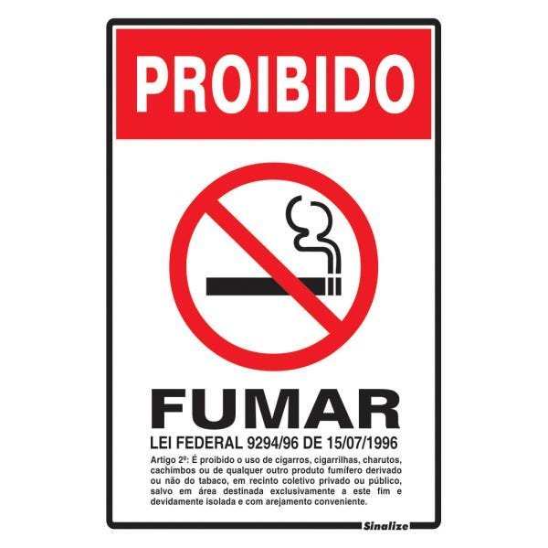Placa de Sinalização 20x30cm Proibido Fumar Lei Federal SP Nº9294/96 - 1