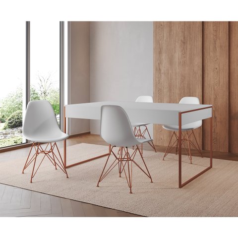 Mesa Jantar Industrial Retangular Filadélfia Branca 137x90cm com 4 Cadeiras Brancas Eames Base Cobre