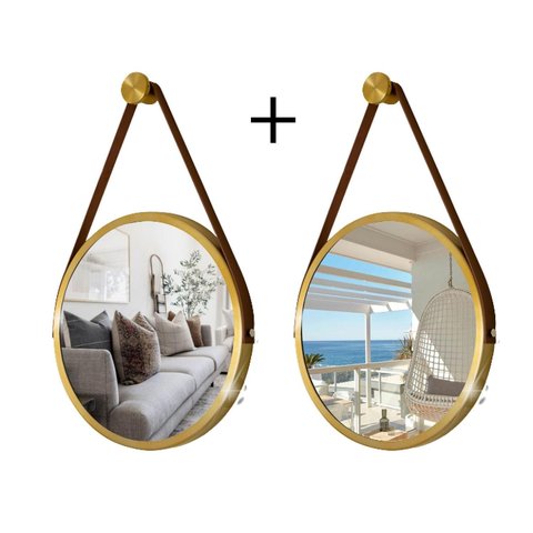 Kit 2 Espelhos Redondo Decorativo Suspenso Alça 50cm + Suporte Dourado Alça Caramelo