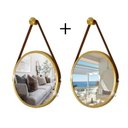 Ver imagem 1 de Kit 2 Espelhos Redondo Decorativo Suspenso Alça 50cm + Suporte Dourado Alça Caramelo