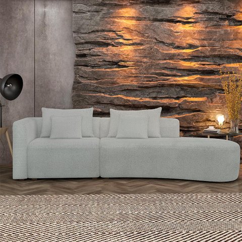 Sofá Curvo Decorativo Kimiko 287cm 2 Lugares Sala de Estar com Chaise Bouclê Cinza G52 - Gran Belo
